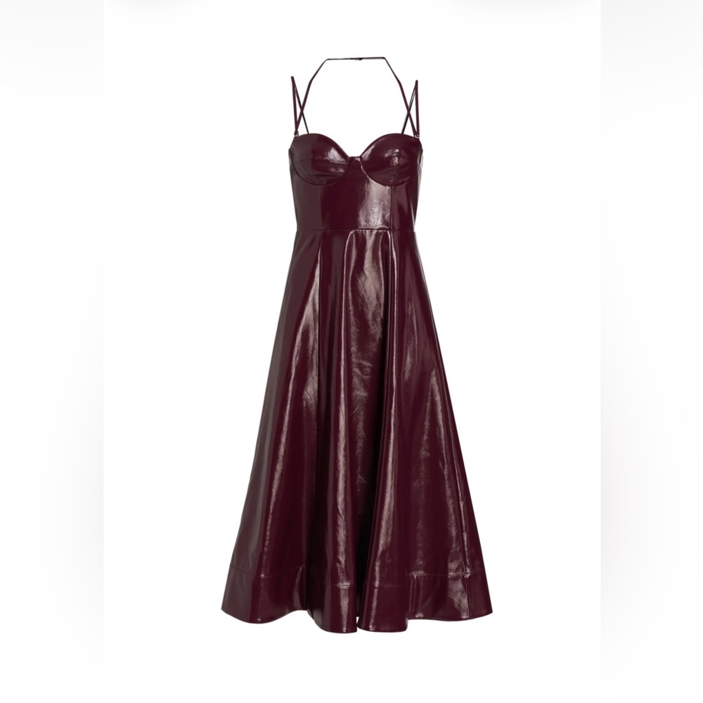 Staud NWT Women's PLUM Burgundy Faux Leather A-Line Midi Dress Size10